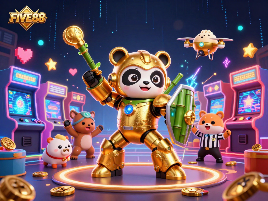 Experience the vibrant world of FIVE88 with dynamic game elements in a lively casino-themed scene.