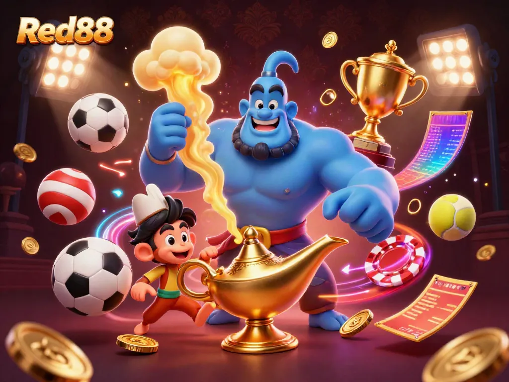 Engage with Red88's thrilling casino experience featuring a dynamic genie, sports elements, and magical visuals.