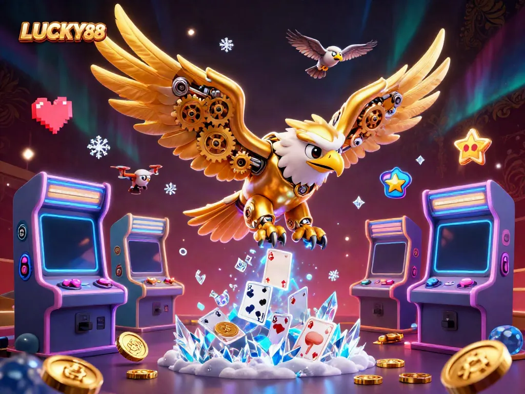 Experience thrilling gaming action with LUCKY88 as a golden eagle dives through vibrant casino elements.