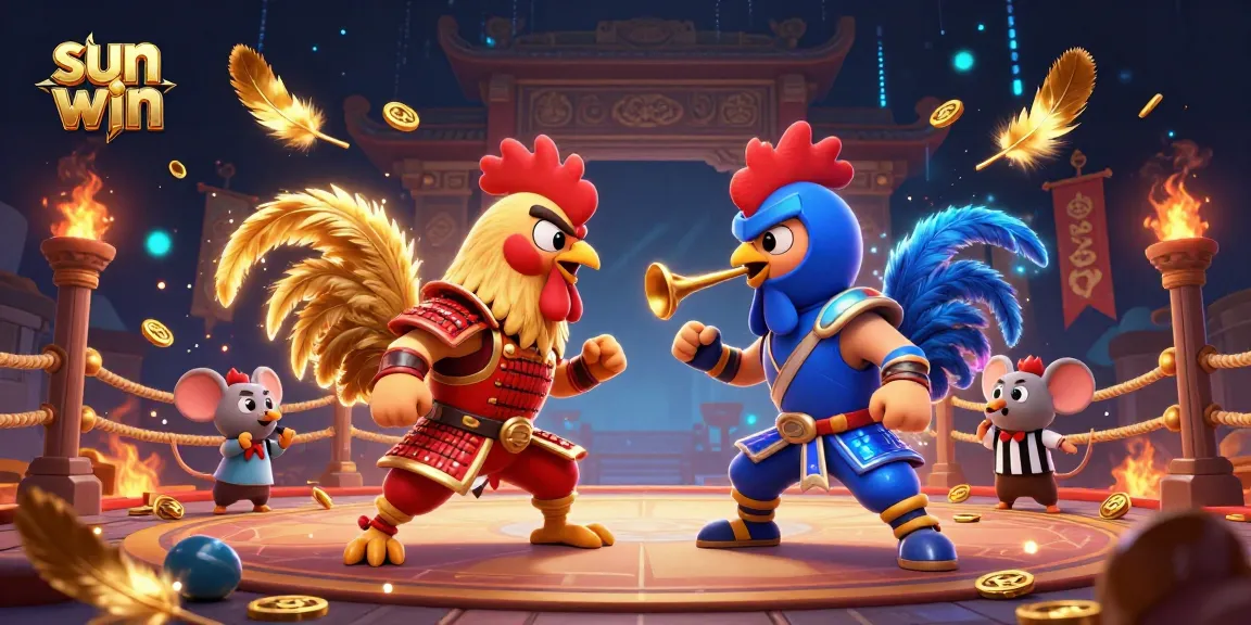Engage in thrilling games at sun win with unique 3D illustrations portraying dramatic rooster matchups.
