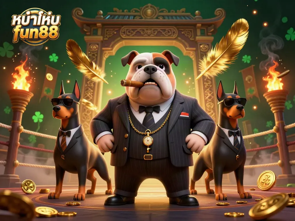 Engage with exciting gambling action at หน้าแรก fun88, featuring a mafia bulldog and dynamic casino elements.