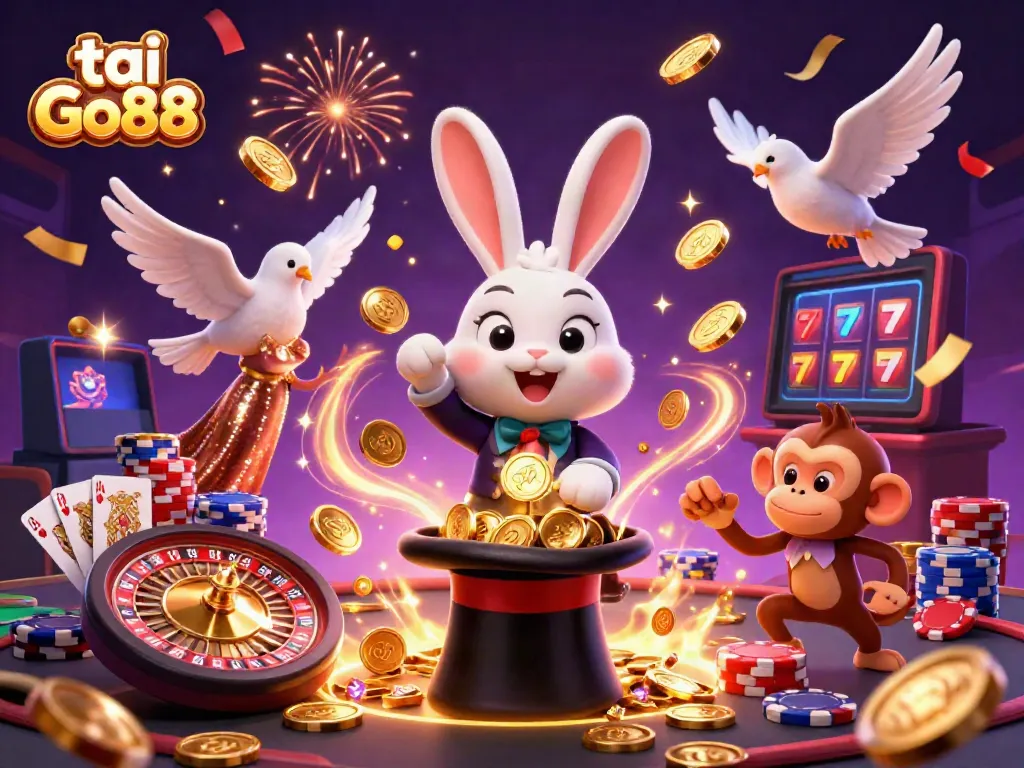 Experience the magic of tai Go88 as a cartoon magician rabbit pulls golden coins in this vibrant casino scene.
