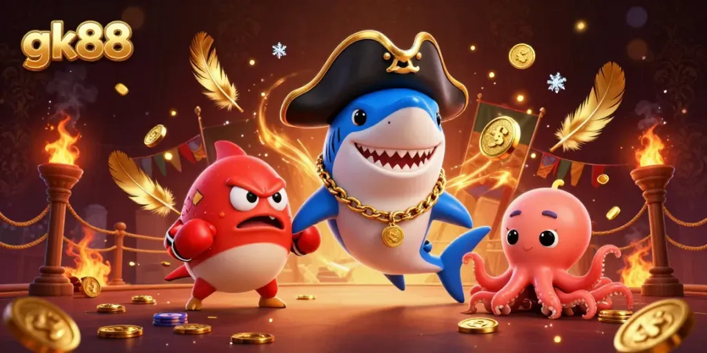 Engage with gk88's vibrant pirate-themed illustration, showcasing action-packed casino elements.
