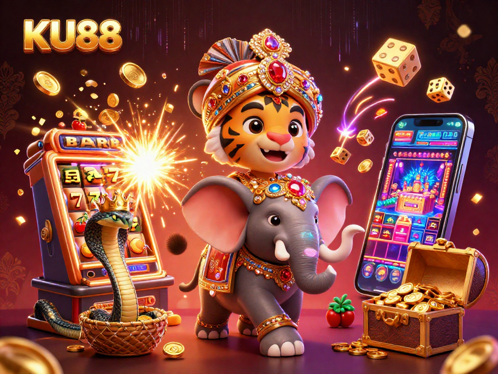 Experience the thrill of winning at KU88 with an enchanting 3D casino scene illustrating vibrant slots and animated characters.
