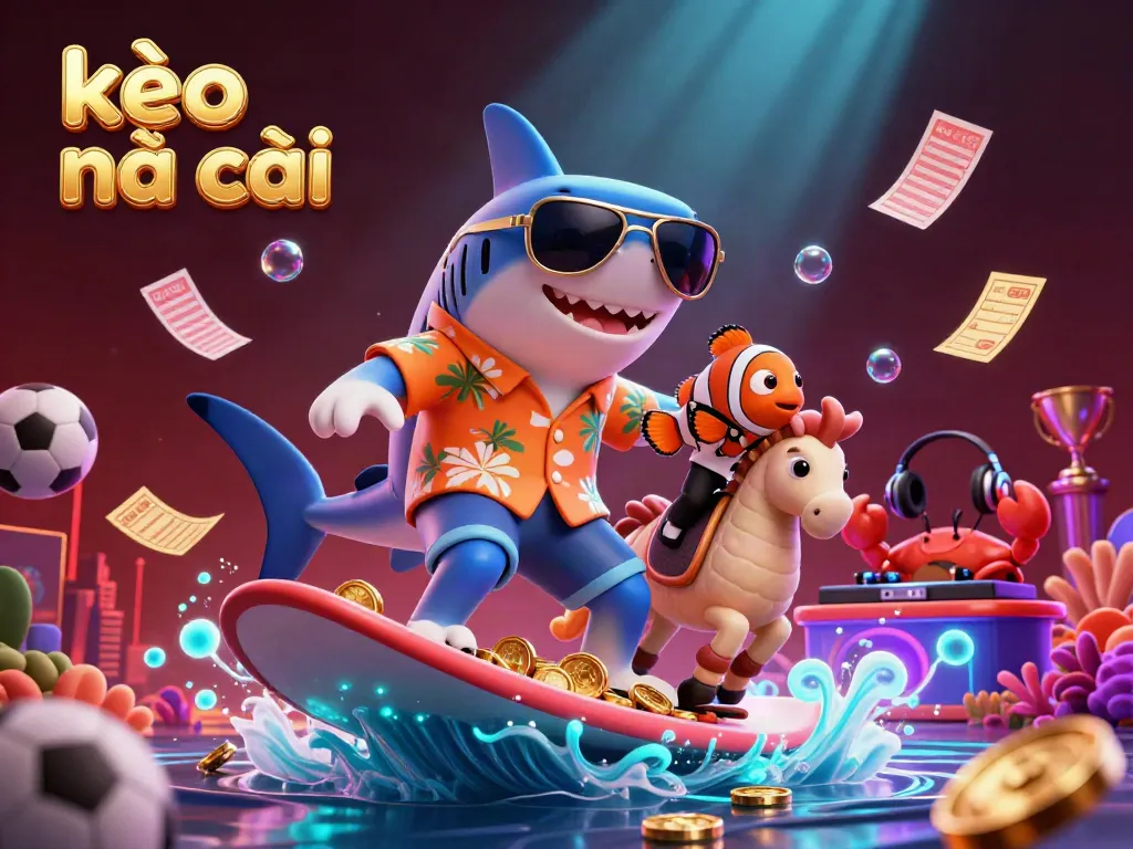 Engaging scene of kèo nhà cái with a hammer-head shark, clownfish, and crab DJ amidst sports betting elements.