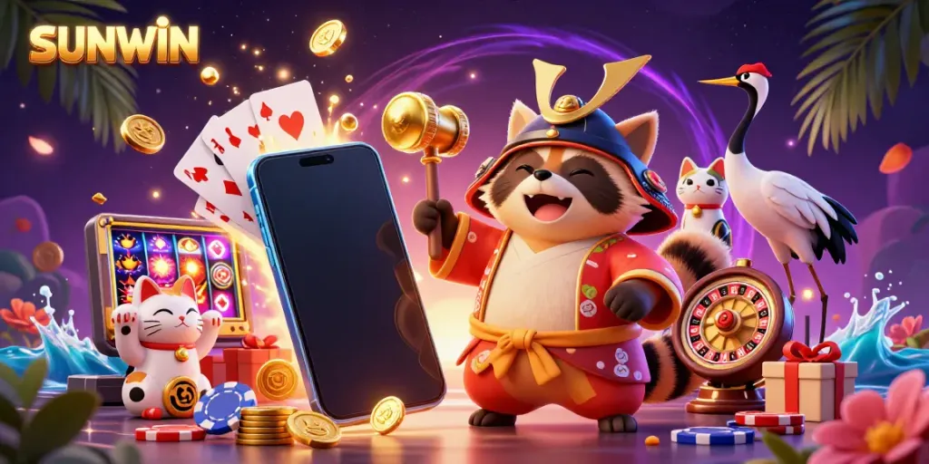 SUNWIN showcases a 3D illustration with a tanuki, crane, and fortune cats amidst vibrant slot game elements.