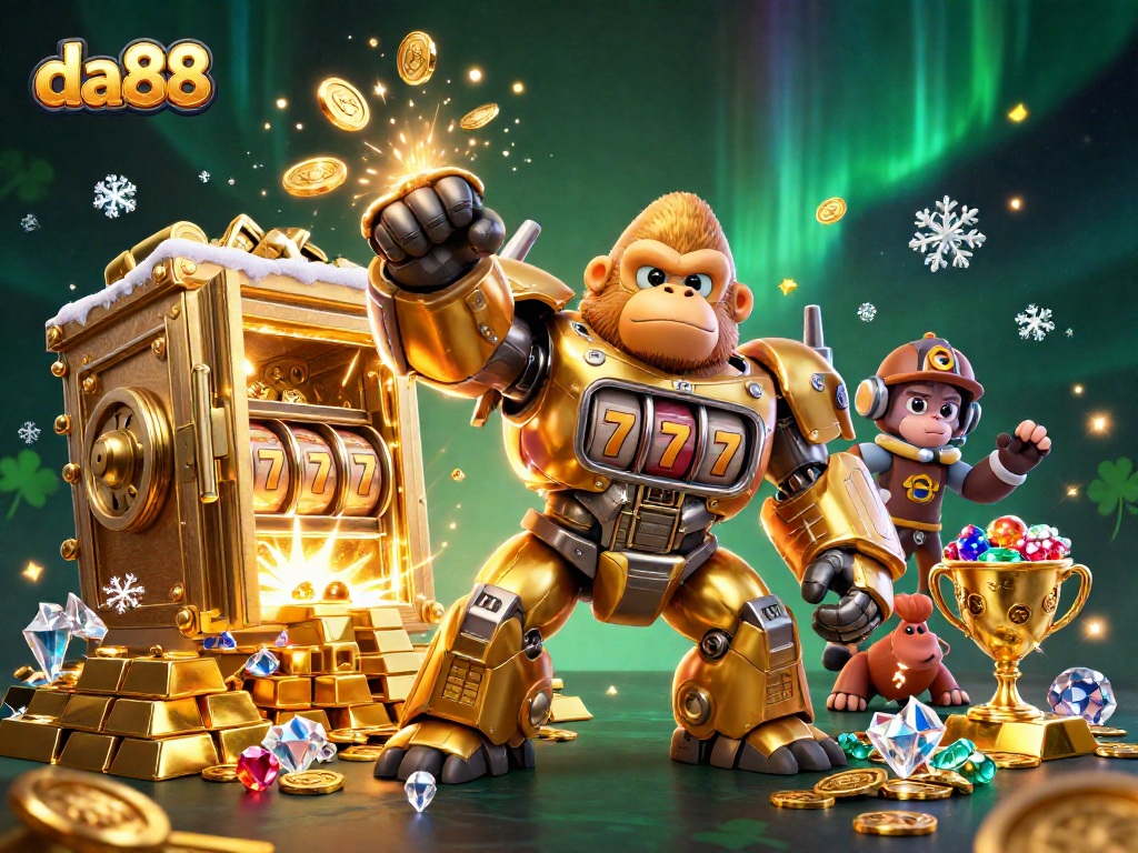 Spinning slot reels and future-themed elements showcase da88 excitement in a vibrant casino illustration.