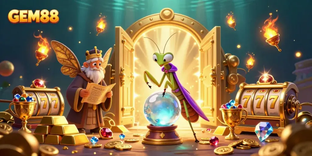 Experience the fortune-telling magic of GEM88 with captivating casino riches and mystical characters.