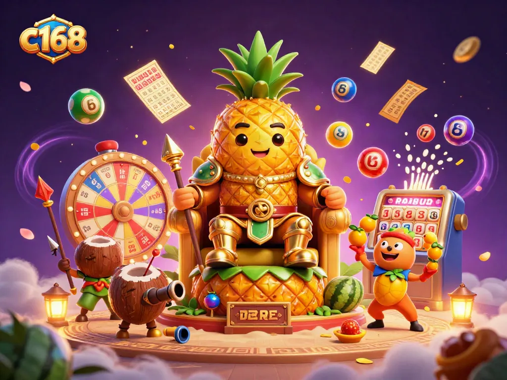 Experience thrilling games at c168 with the golden pineapple king ruling the vibrant casino.