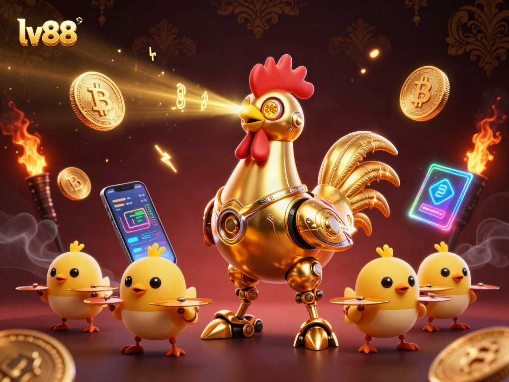 Engage with lv88's thrilling casino experience featuring a dynamic golden rooster robot and crypto elements.