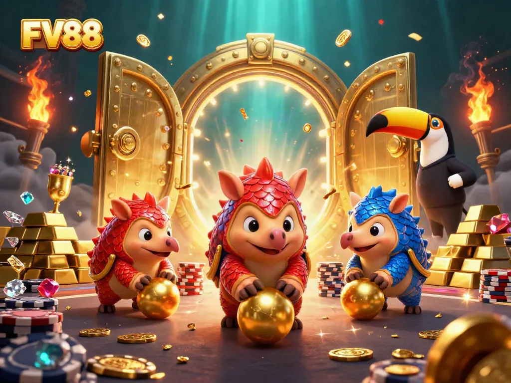 Experience vibrant gaming with FV88 as rival pangolins roll through poker chips in a colorful scene.