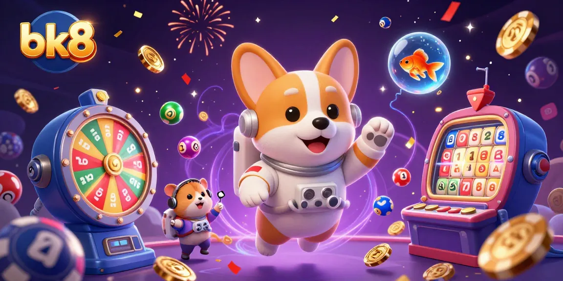Watch the astronaut corgi explore bk8's casino universe, where colorful lottery balls and prizes float in zero gravity.