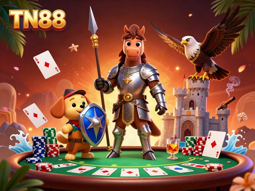 Engage in TN88 gaming with a knight and puppy at a vibrant poker table, lively casino atmosphere.