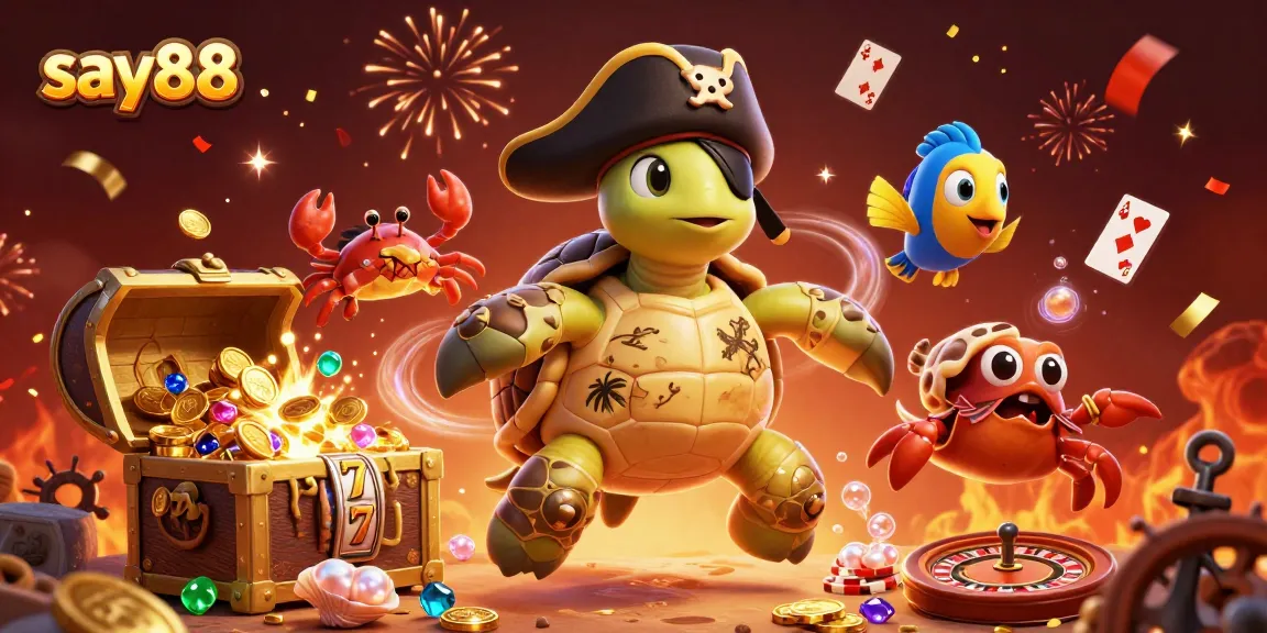 Engage with say88's thrilling 3D gambling adventure featuring slot reels, poker chips, and vibrant casino elements.