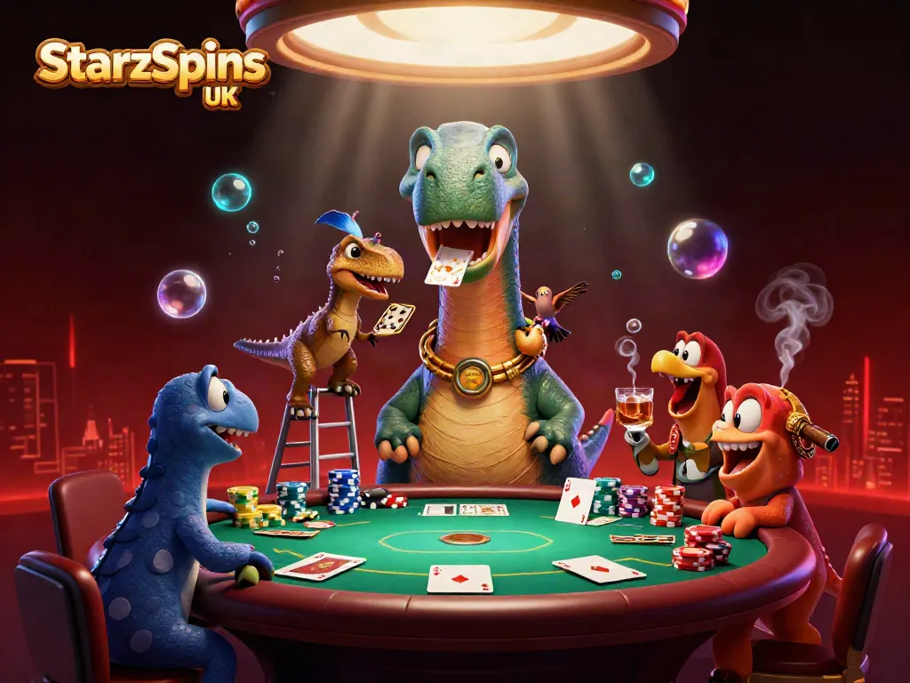 Experience the thrill of StarzSpins UK with 3D casino elements and vibrant characters.