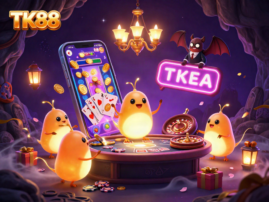 Engage with exciting TK88 casino games in a vibrant glowworm-themed cave setting.