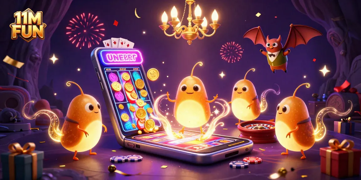 Engage with an exciting 11M FUN casino scene illuminated by glowing characters and vibrant game elements.