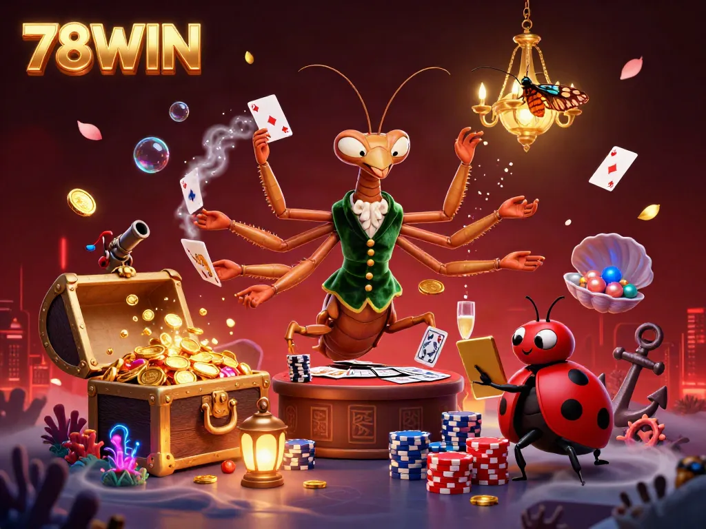 78WIN showcases a vibrant 3D illustration of an exciting casino scene with animated gaming characters and treasures.