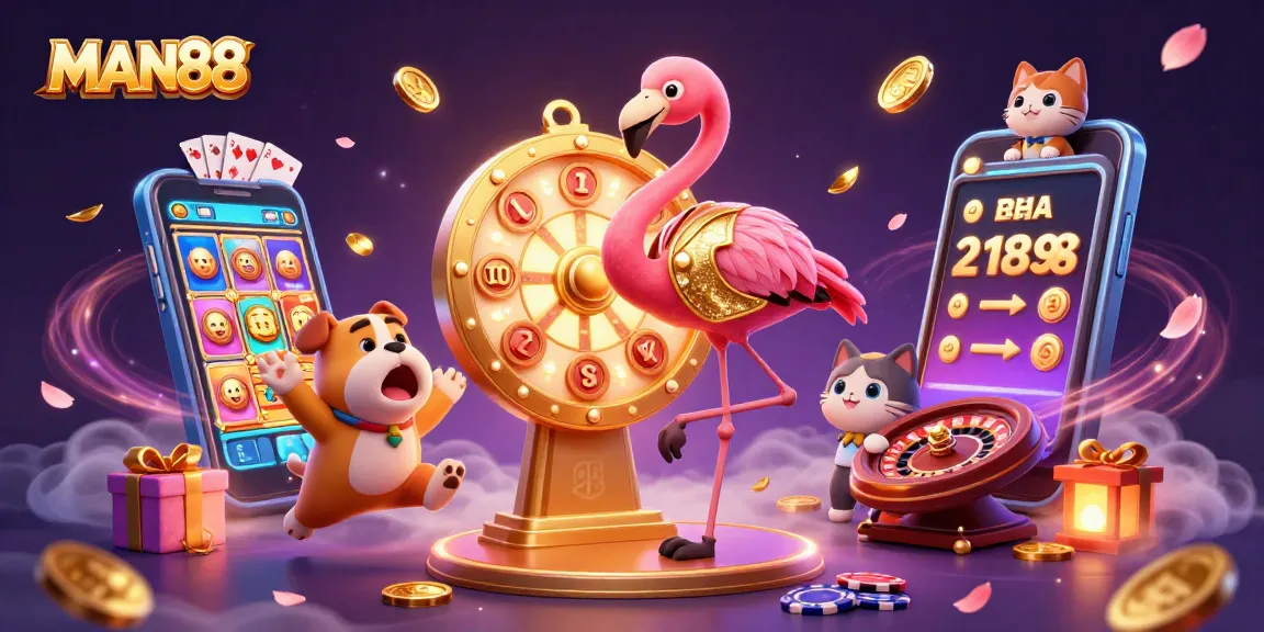 Experience excitement with MAN88's winning spins at the prize wheel in a vibrant casino setting.