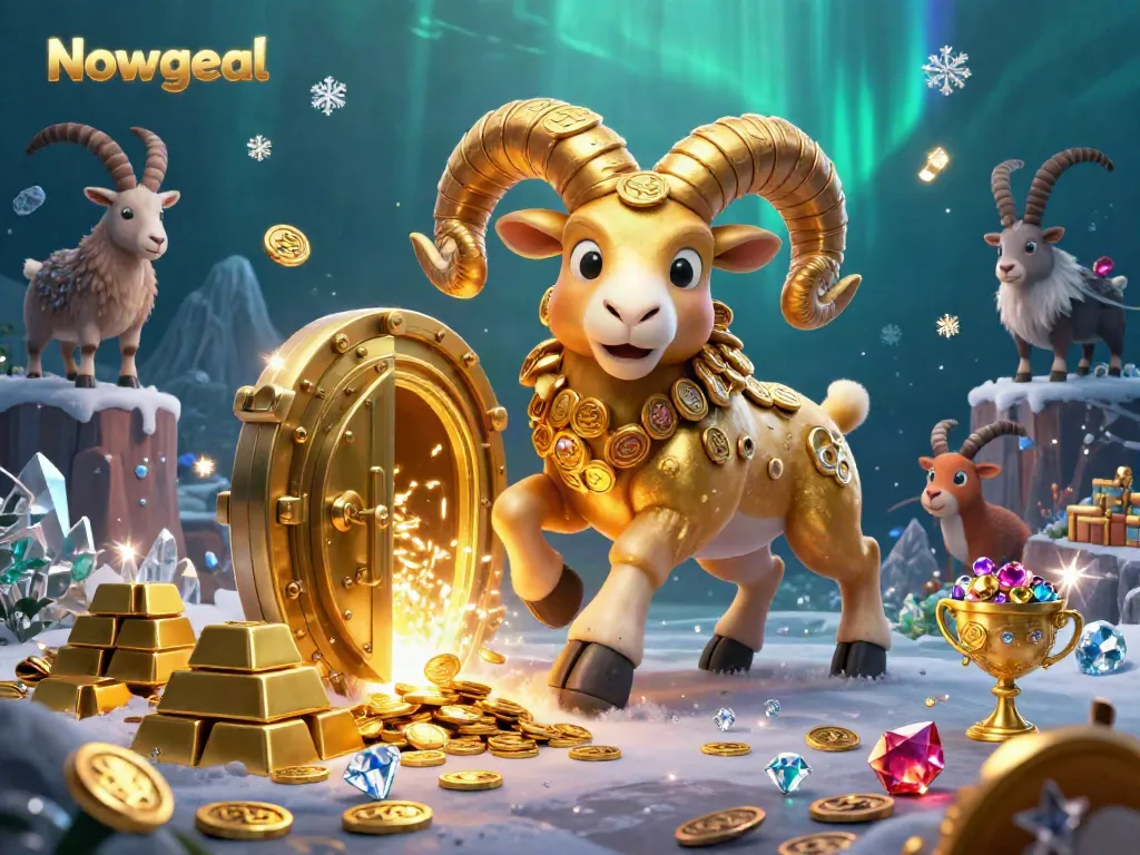 Experience live betting action with Nowgoal, showcasing a golden ram amid treasures and dynamic betting elements.