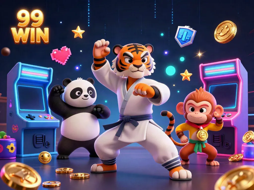Engage with the 99 WIN dynamic scene featuring a kung fu master, panda disciple, and a playful monkey student in a vibrant casino setting.