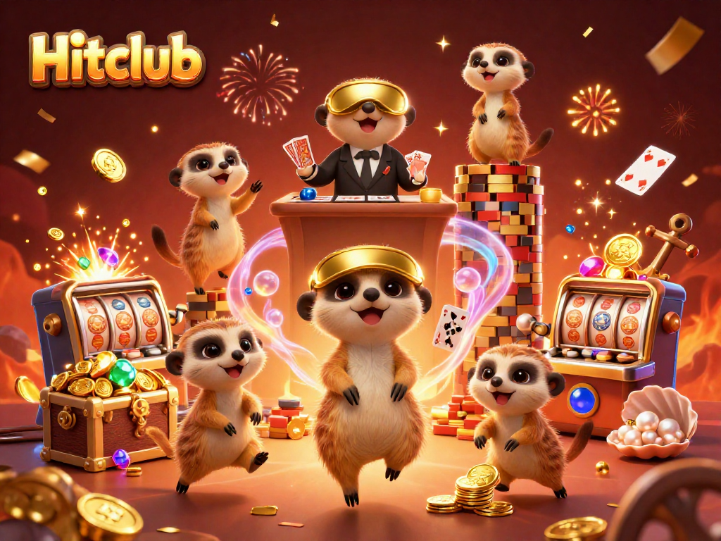 Engage in thrilling gameplay at Hitclub with animated meerkats in a vibrant casino scene.