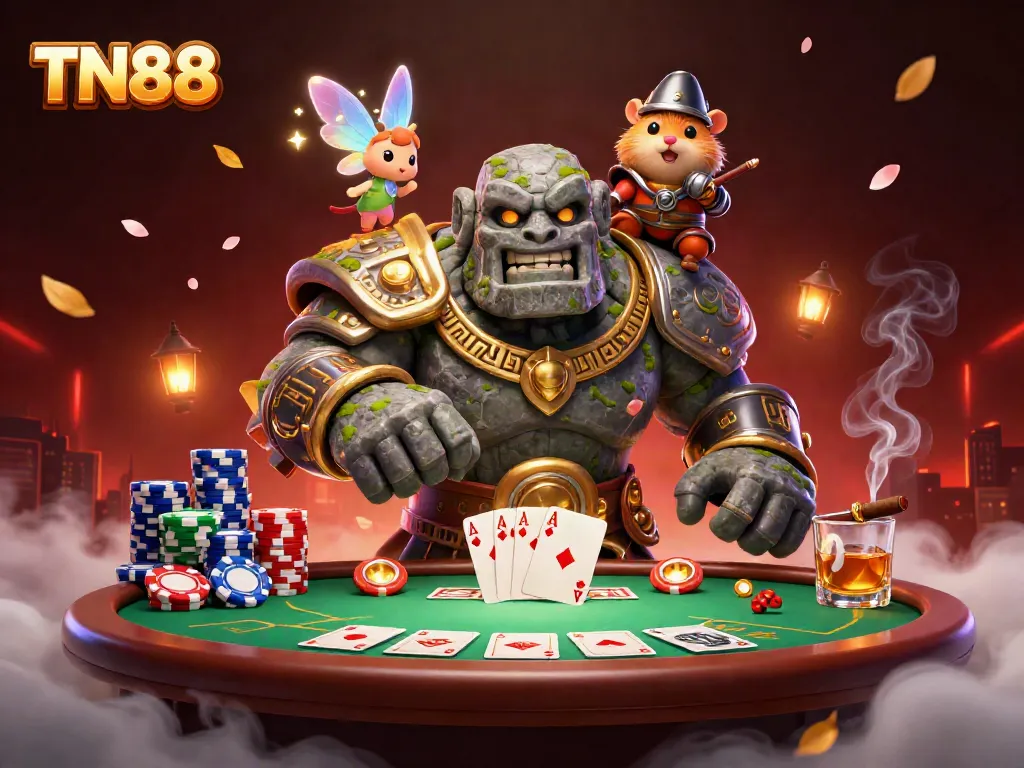 Engage in thrilling gameplay with TN88, featuring a mystical golem and enchanting characters around a poker table.