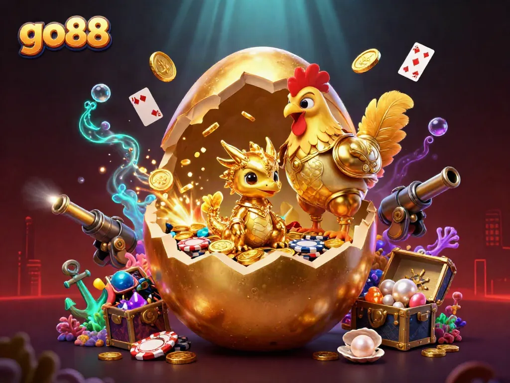 Experience the vibrant world of go88 gaming with a golden dragon and poker chips in a dazzling casino scene.