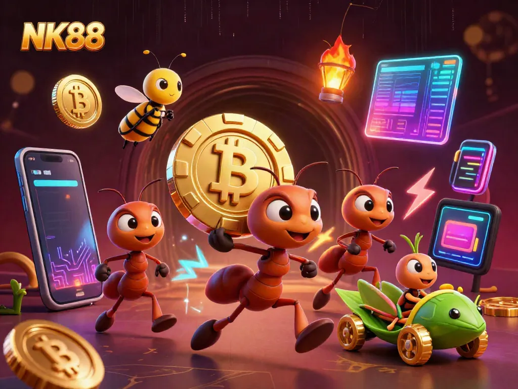 Experience a thrilling NK88 heist with cartoon ants and crypto elements in a vivid casino illustration.