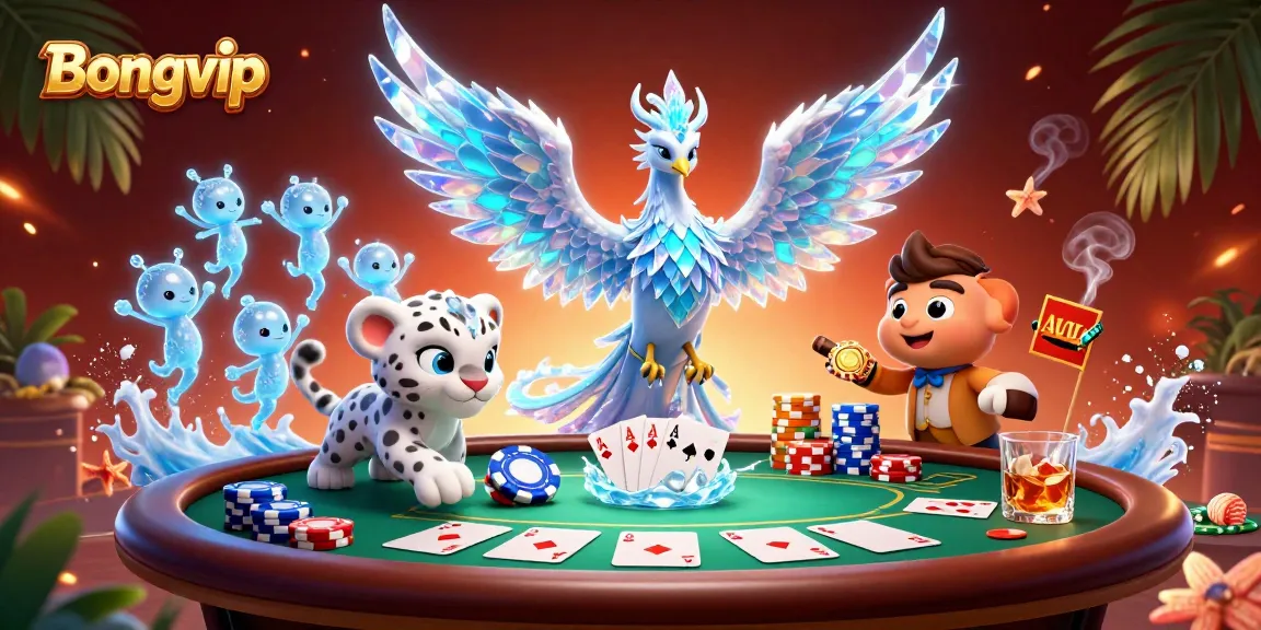 Bongvip showcases a vibrant 3D scene filled with ice fantasy characters and poker games.