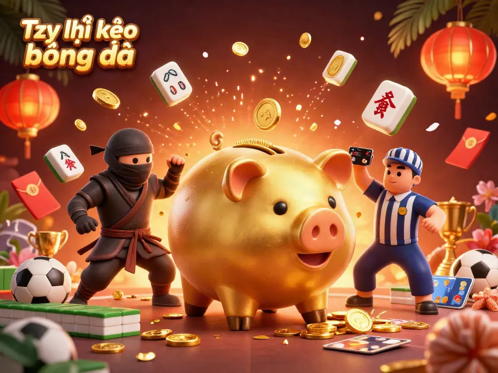 Tỷ lệ kèo bóng đá with golden piggy bank sumo and ninja warrior in a dynamic sports betting scene