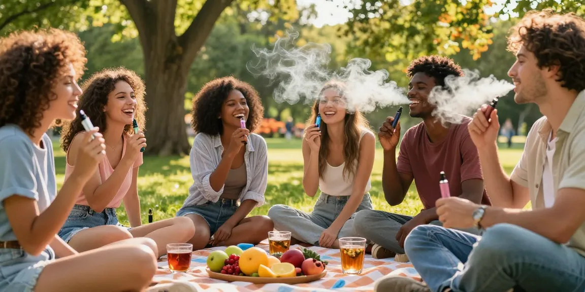 THC vape UK experience displayed in a vibrant outdoor picnic scene with friends enjoying organic products and natural wellness.