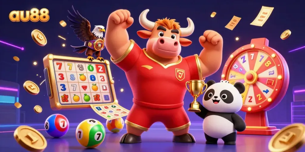 Engage with the vibrant excitement of au88, featuring a victorious bull mascot with a trophy alongside dynamic slot games and colorful lottery balls.