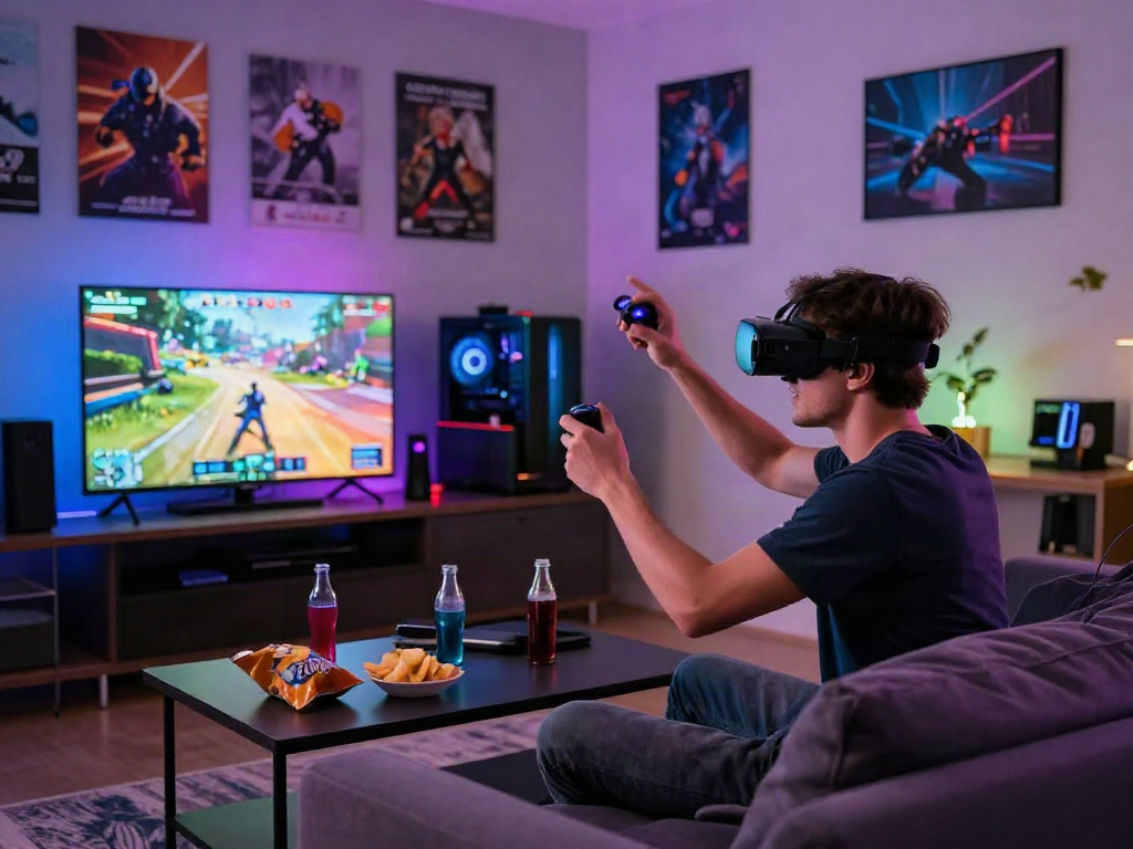 Exciting adult game scene with player immersed in VR gaming environment, vibrant living room setting.