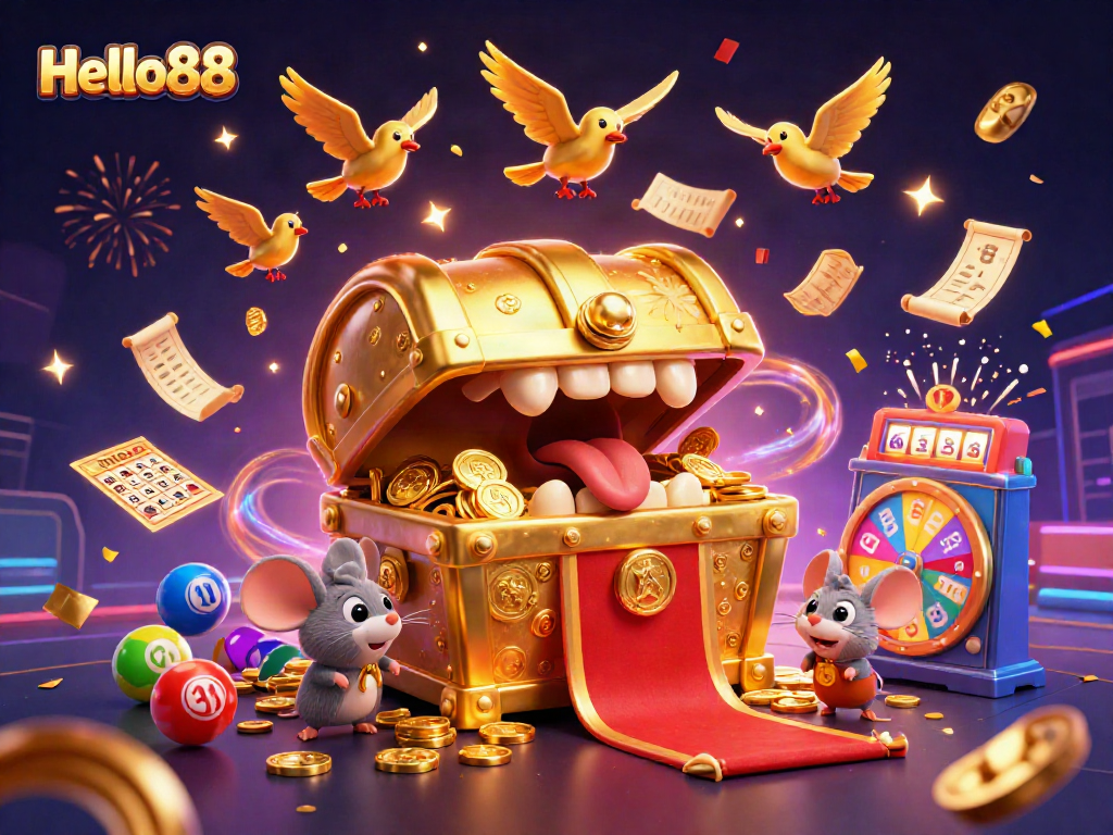 Engage in thrilling gaming with Hello88's vibrant casino-themed illustration showcasing dynamic elements.