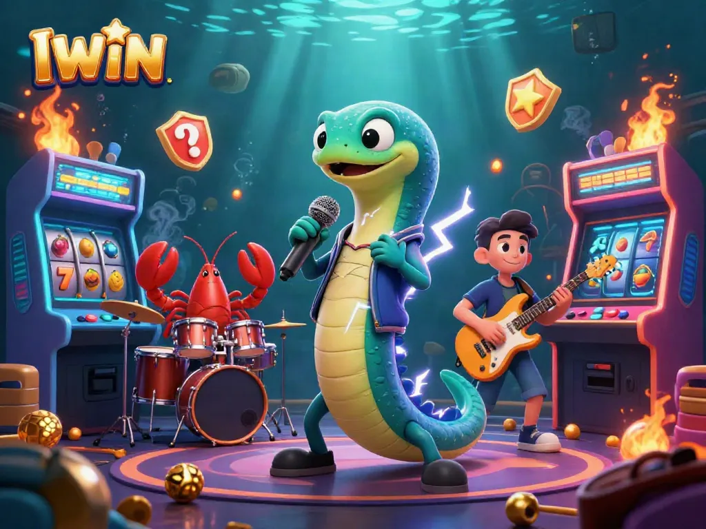 IWIN energetic casino performance featuring an electric eel DJ, lobster drummer, and seahorse guitarist immersed in a dynamic underwater setting.
