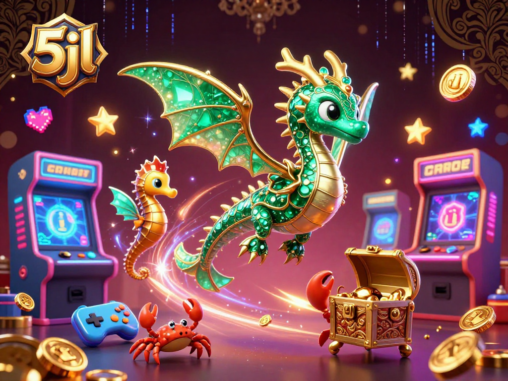 Play with vibrant 3D sea dragon and crabs at 5jl casino, surrounded by glowing arcade machines.