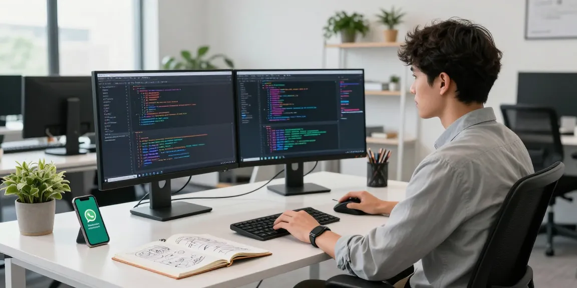 Developer focused at a standing desk coding with WhatsApp notifications visible, showcasing modern tech workspace essentials.