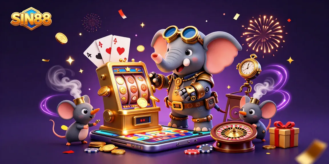SIN88 slots showcase vibrant 3D illustration of a steampunk elephant engaging players with dynamic slot action.