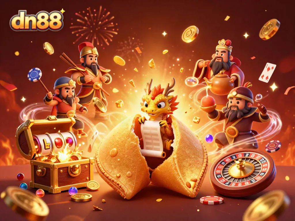 Experience thrilling moments at dn88 with a golden fortune cookie in a vibrant casino scene