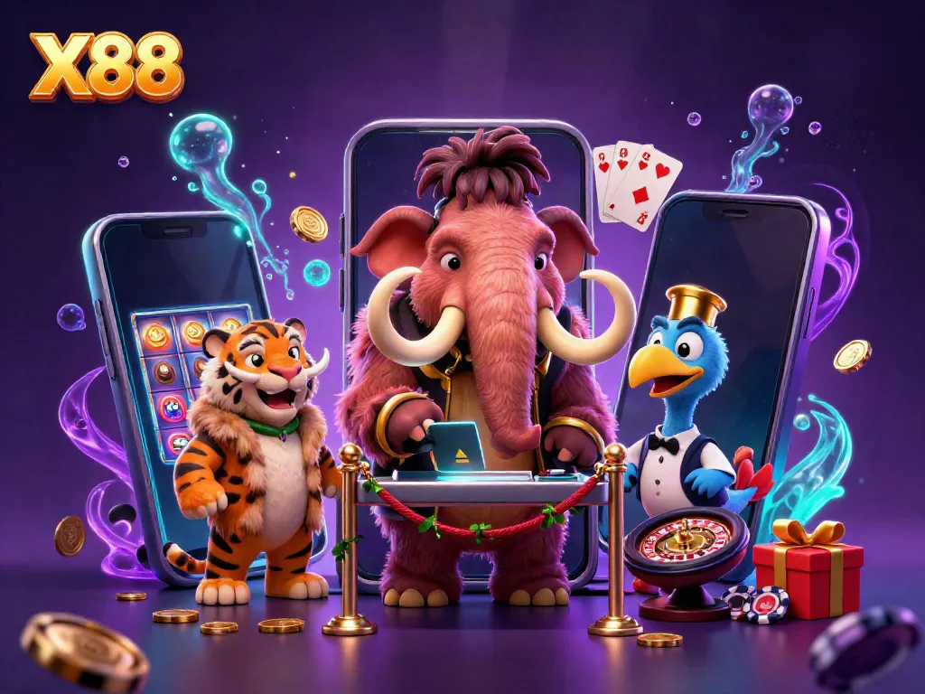 Experience the excitement of X88 with a vibrant casino scene featuring 3D characters and dynamic game elements.