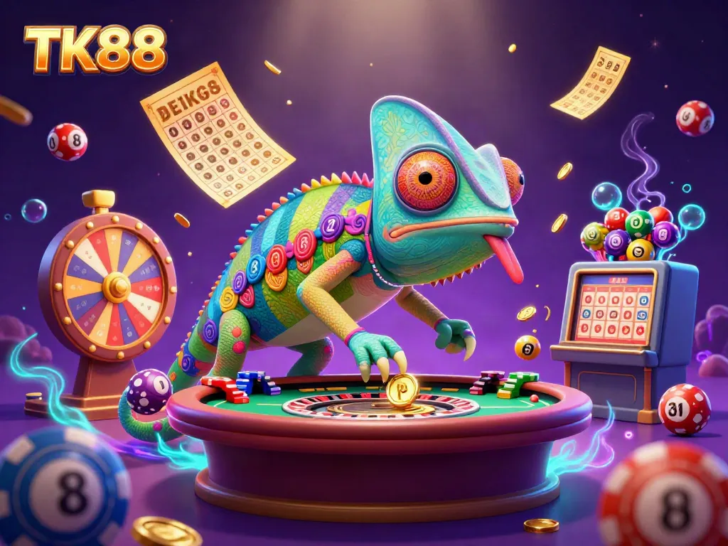 Engage with TK88's vibrant casino world featuring dynamic lottery balls and a chameleon owner.