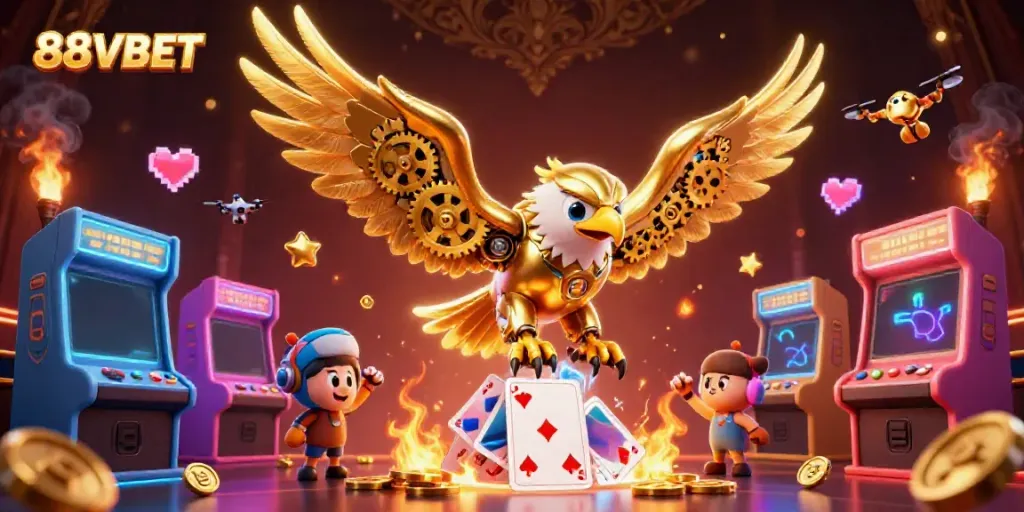 Engage in thrilling games at 88VBET with a vibrant 3D golden eagle diving through holographic cards.