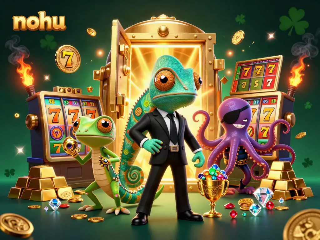 Experience the excitement of nohu slots with a vibrant 3D cartoon scene featuring colorful characters and dynamic casino elements.