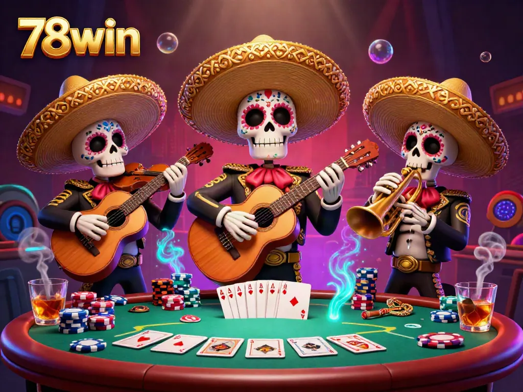 Engage with the dynamic poker scene at 78win featuring lively skeleton mariachi band members amidst colorful gambling elements.
