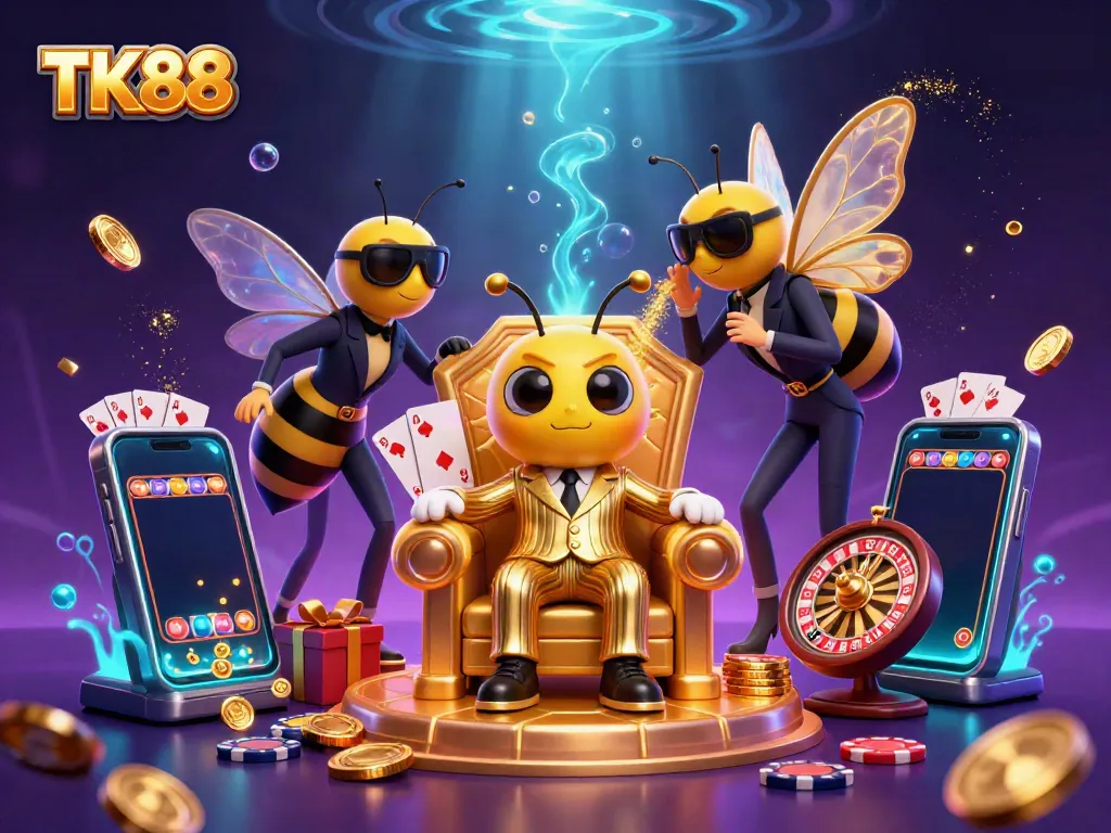 Engage with TK88's vibrant online casino in this dynamic 3D illustration showcasing gaming excitement.