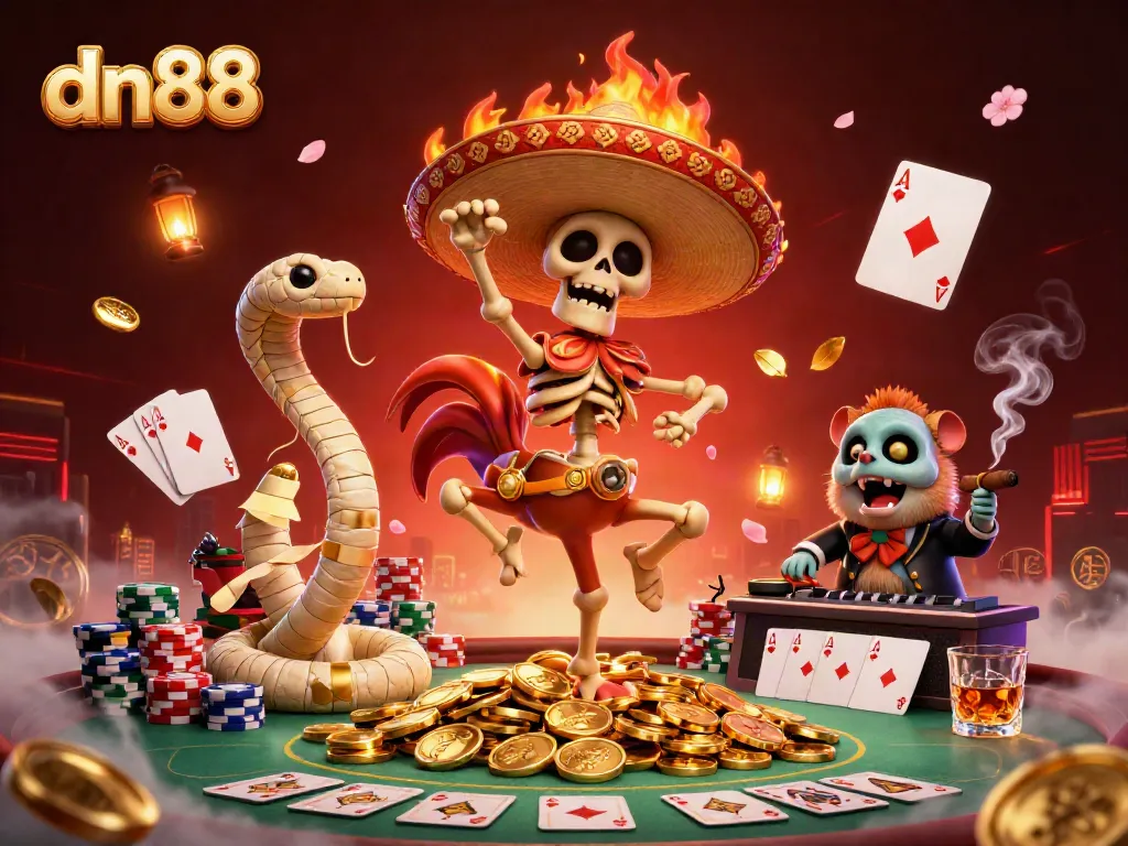 Engage with exciting gameplay at dn88 featuring a dynamic 3D scene with a mariachi skeleton, mummy, and DJ hamster.