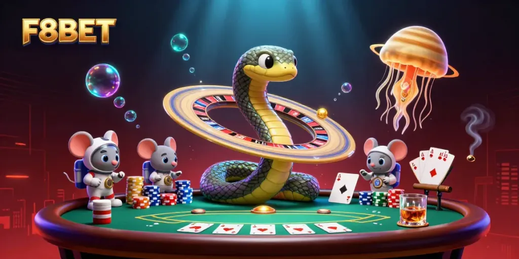 Experience the thrill of F8BET with a cosmic roulette scene featuring interactive astronaut mice.