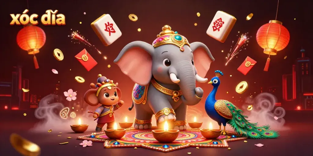 Engage in xóc đĩa game with a vibrant 3D scene filled with festive elements and dynamic gambling symbols.