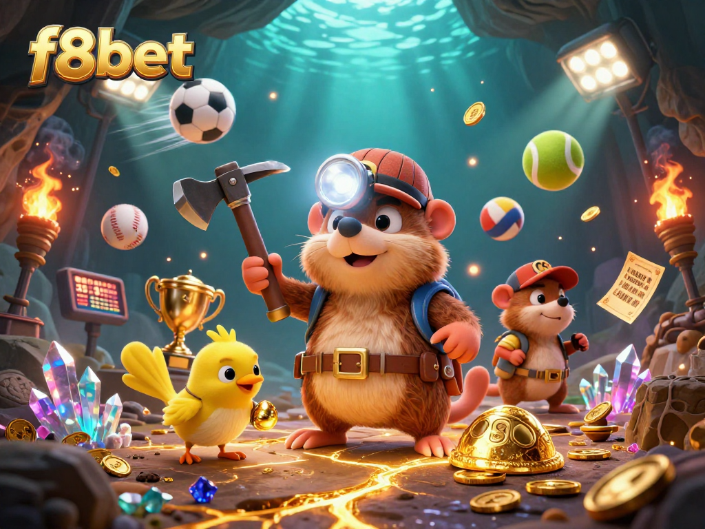 Watch the f8bet treasure hunter mole mine for gold and gems amidst dynamic sports elements in this exciting visual.